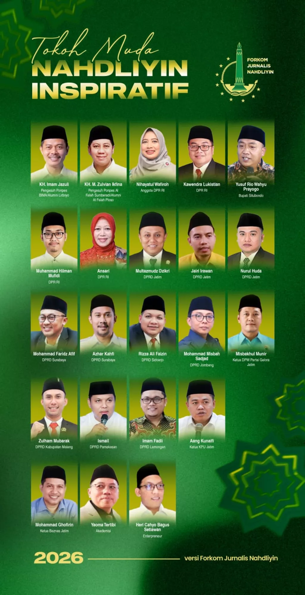 Sambut Hari Santri 2026, FJN Anugerahi 22 Tokoh Muda Nahdliyin dan Award Pendiri NU